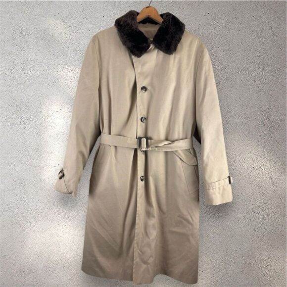 Vintage Eddie Bauer Down Trench‎ Coat Mens 42 (Large) Tan Belted Fur Collar - Picture 1 of 4